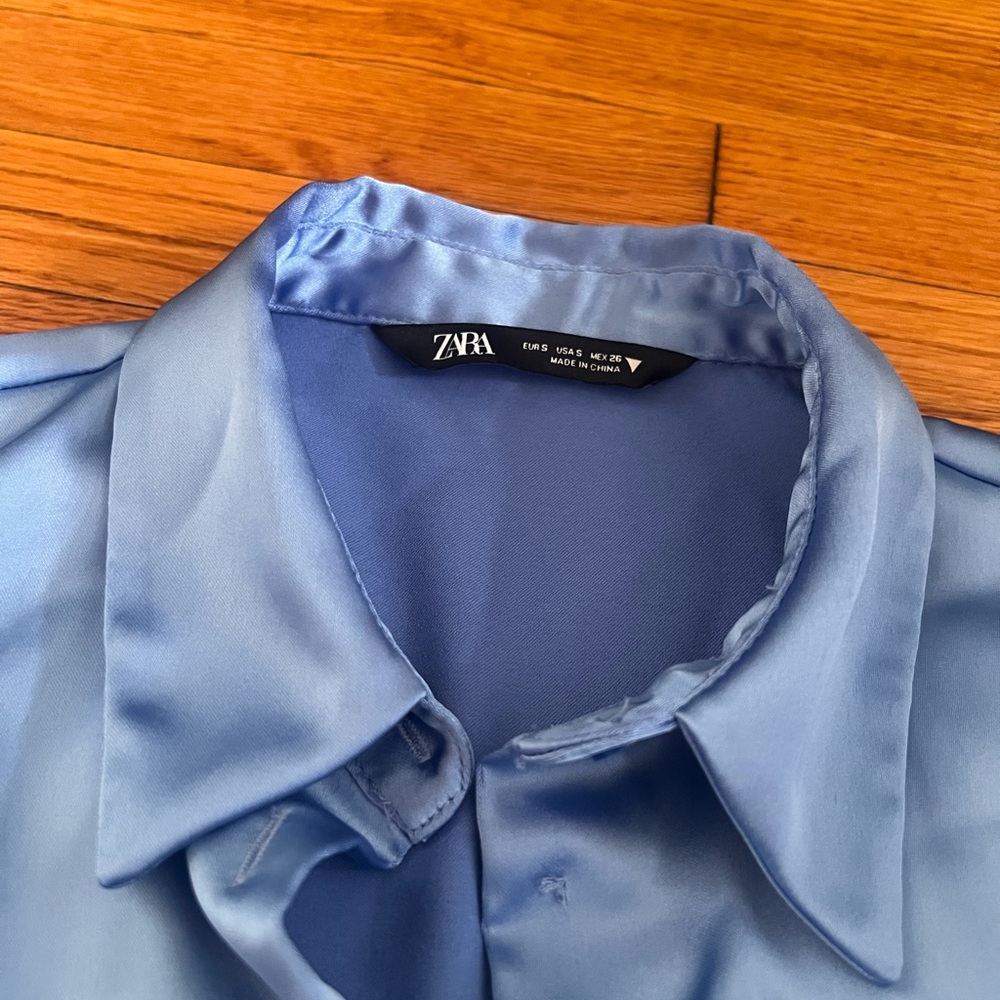 Zara Blue Button Down Shirt Satin Finish